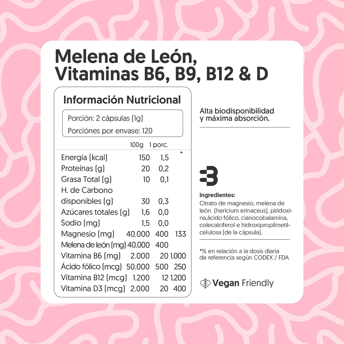 Melena de león, Vitaminas B6, B9, B12 & Vitamina D 120 cápsulas Vegano