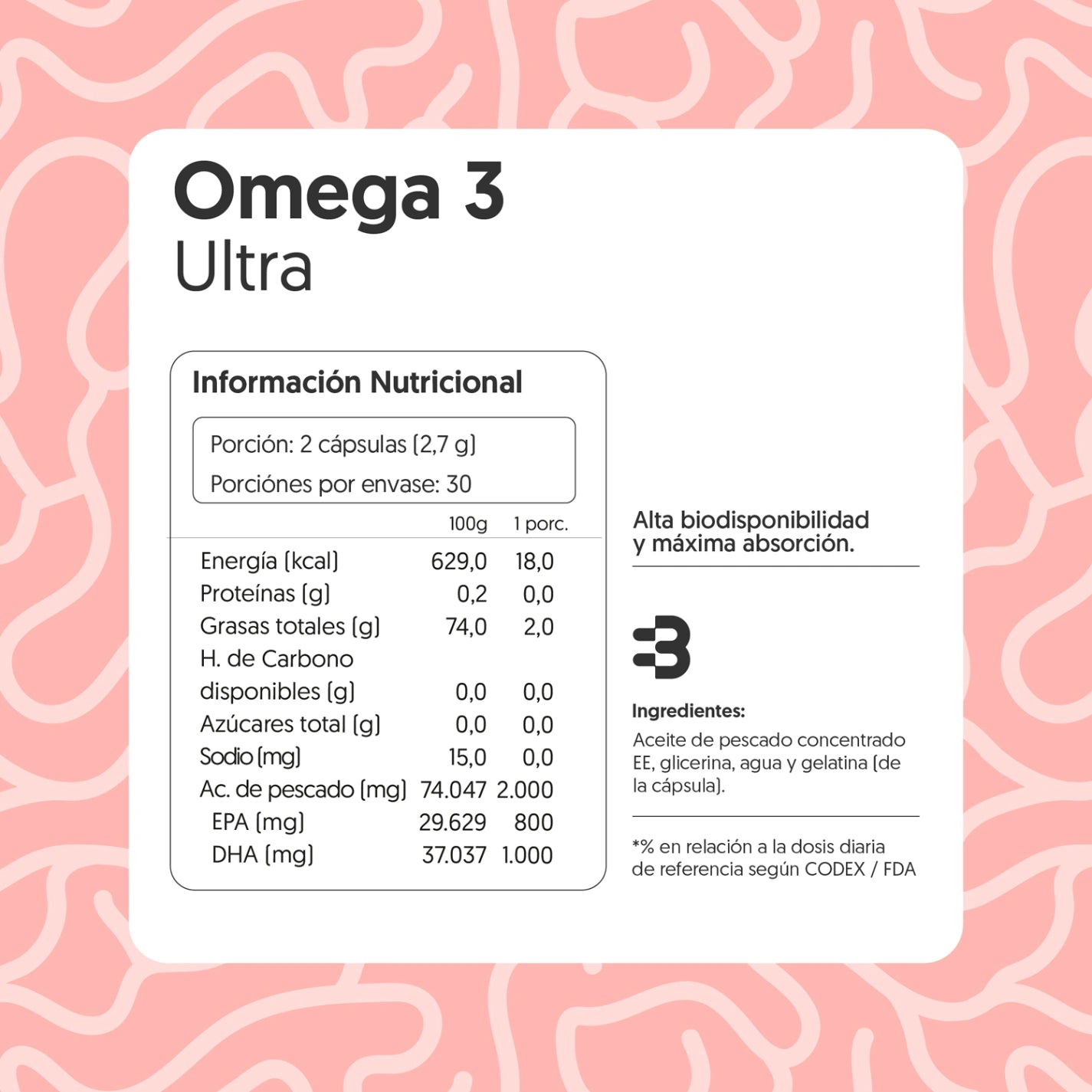 Omega 3 Ultra EPA 800mg + DHA 1000mg 60 cápsulas blandas