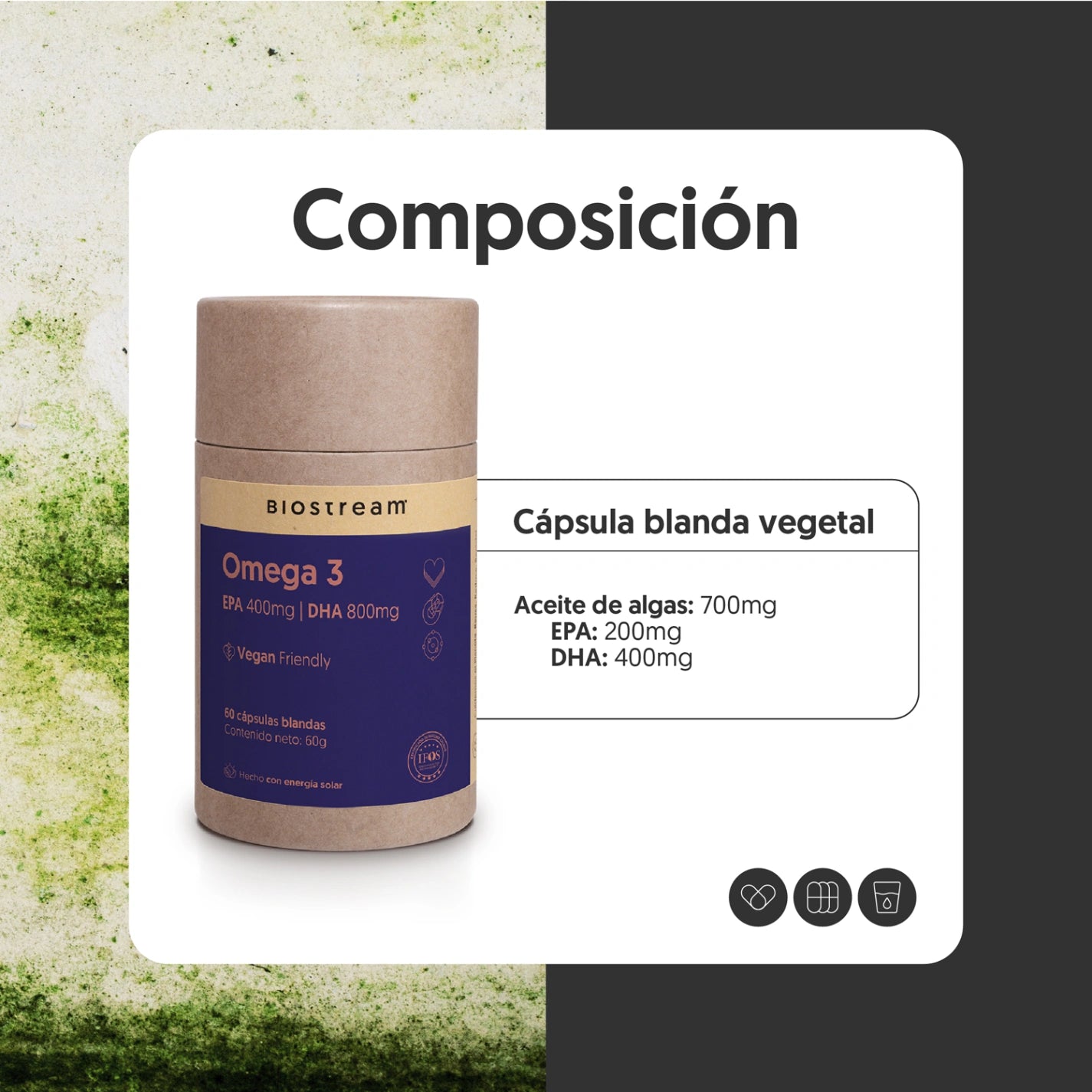 Omega 3 Vegano EPA 400mg + DHA 800mg 60 cápsulas blandas Vegana