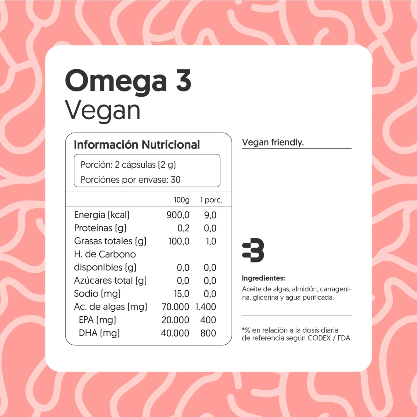 Omega 3 Vegano EPA 400mg + DHA 800mg 60 cápsulas blandas Vegana
