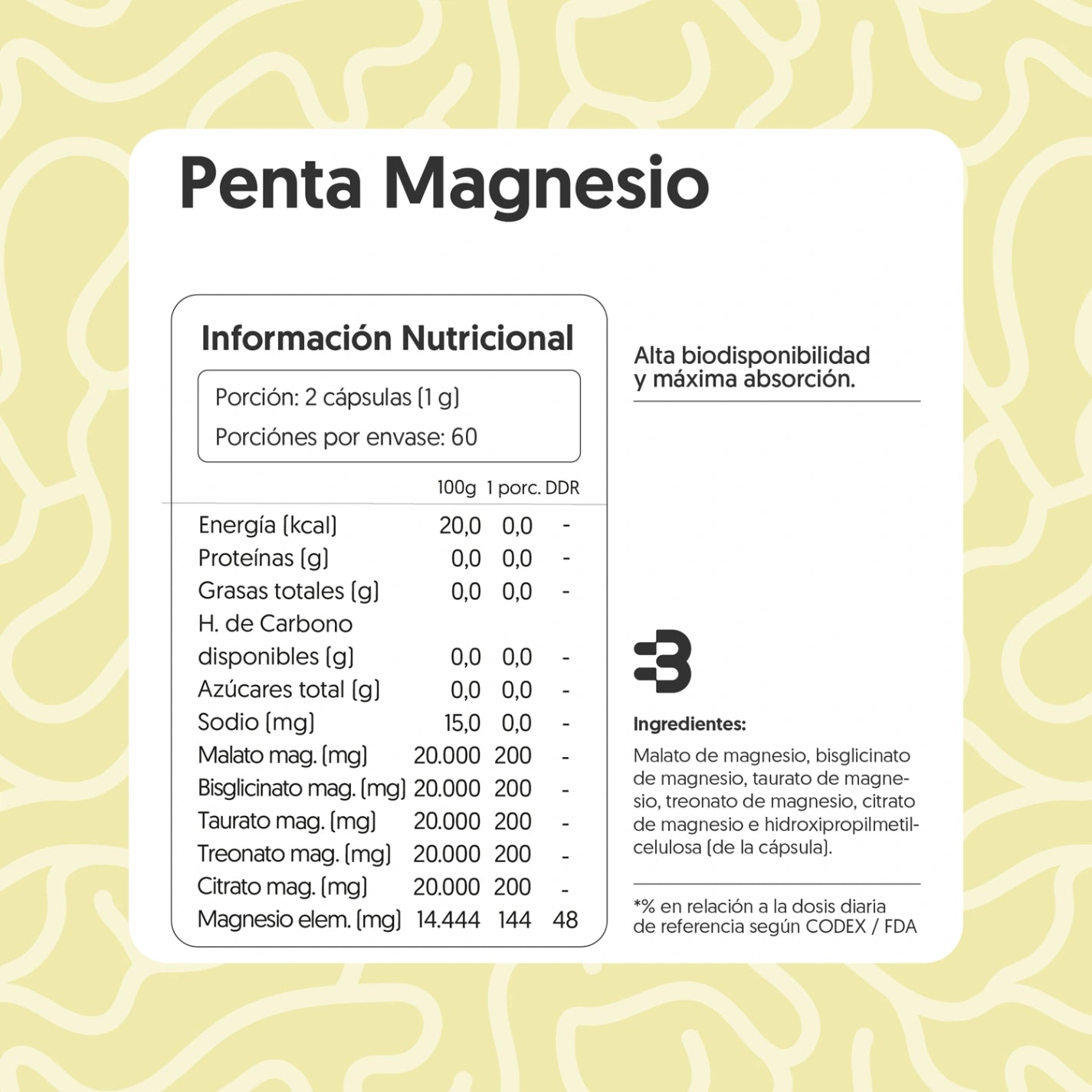Penta Magnesio - Bisglicinato, Citrato, Malato, Taurato, L-Treonato 120 Cápsulas Vegano