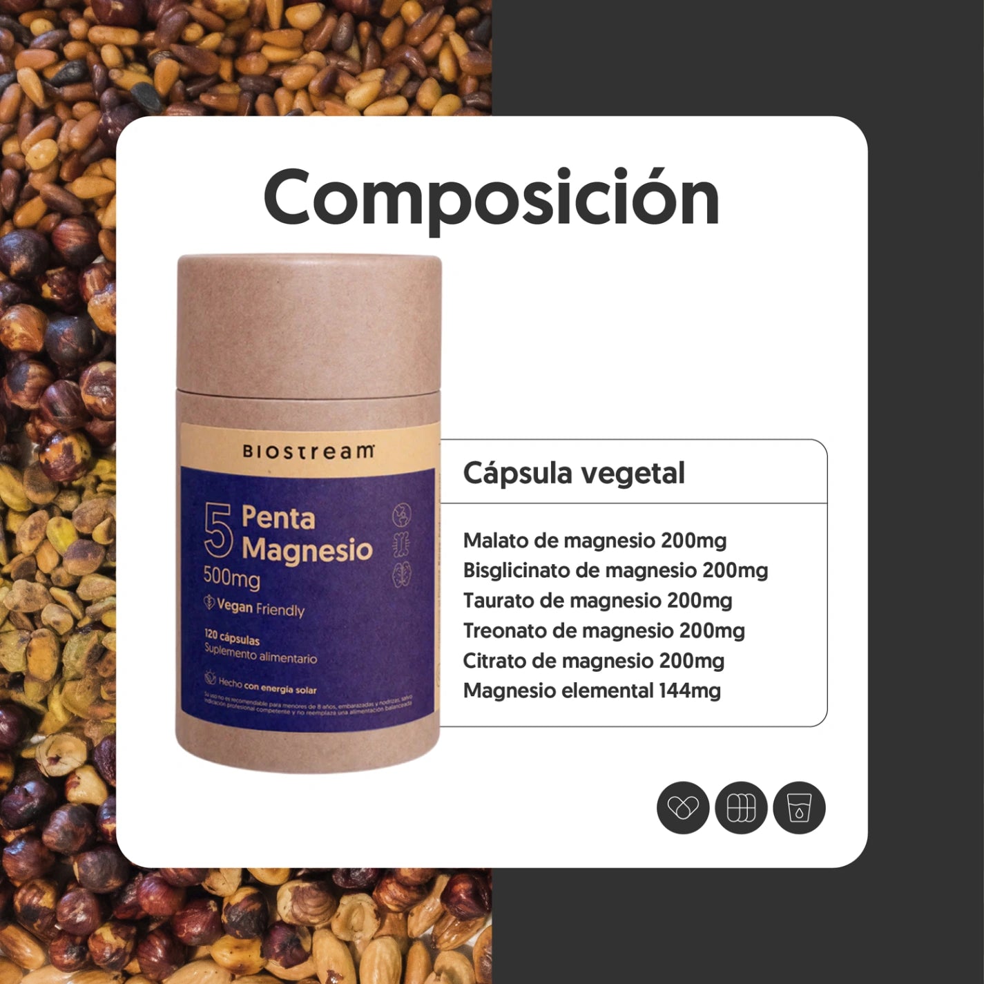 Penta Magnesio - Bisglicinato, Citrato, Malato, Taurato, L-Treonato 120 Cápsulas Vegano
