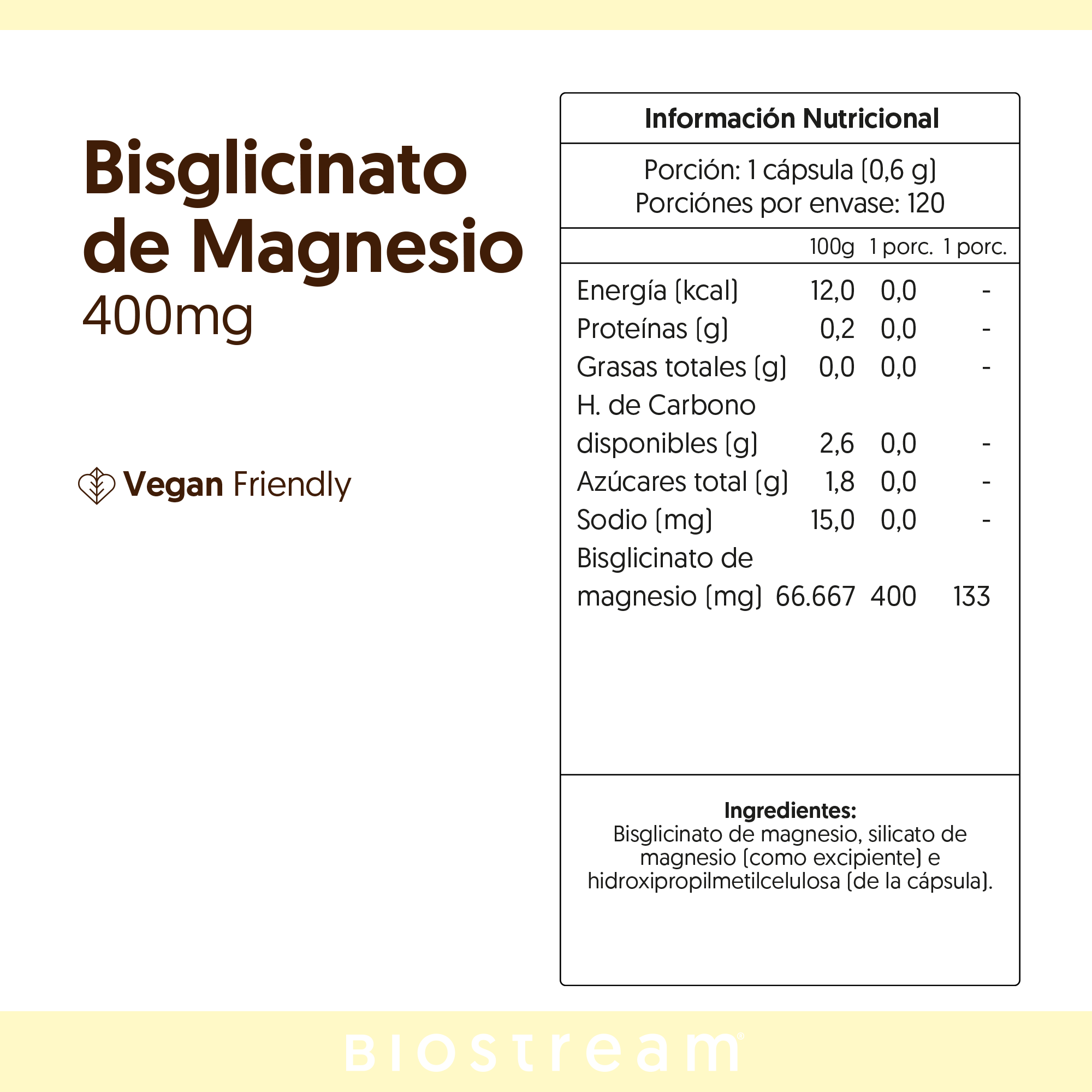 Bisglicinato de Magnesio 400mg 120 Capsulas Vegano