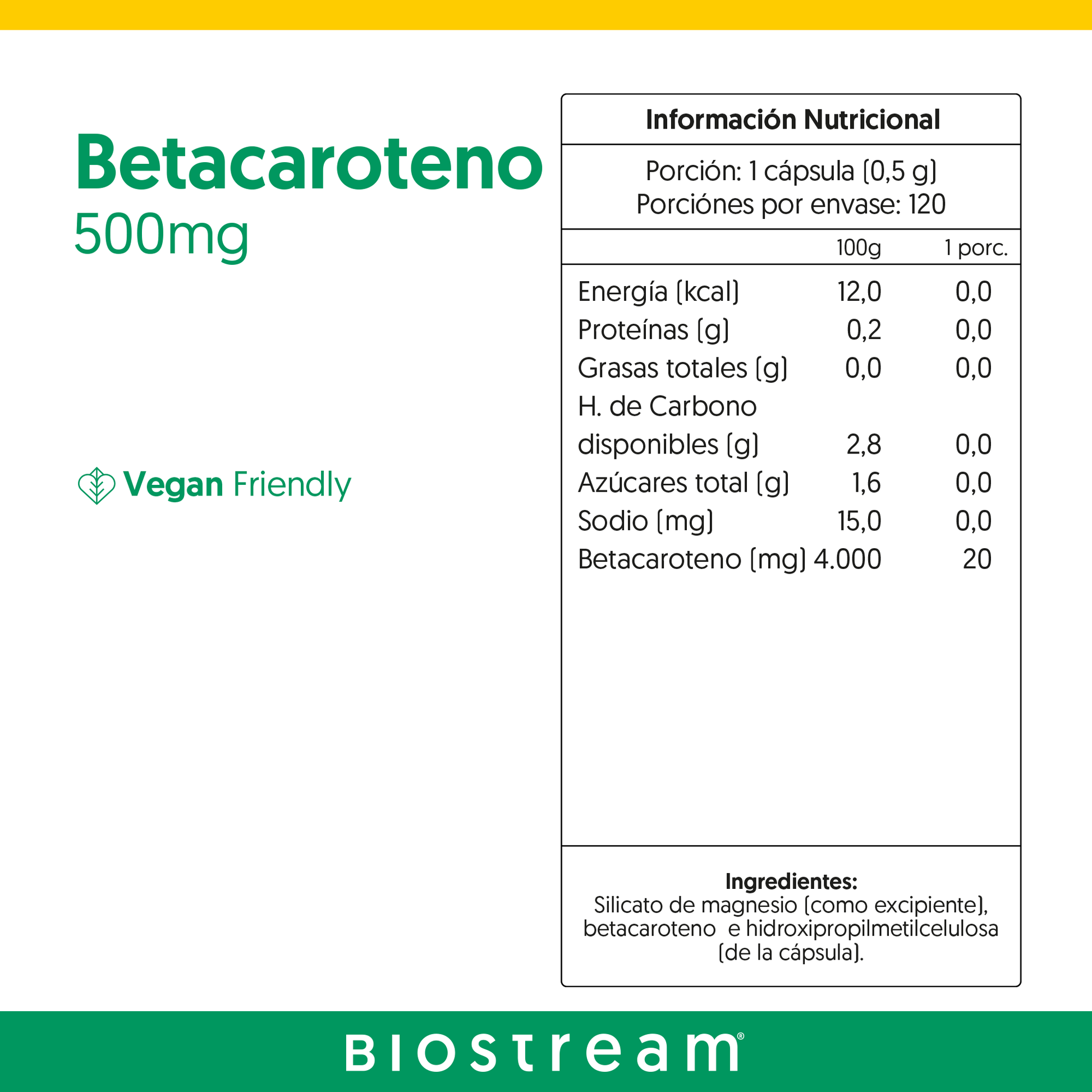 Betacaroteno 500mg 120 Cápsulas Vegano