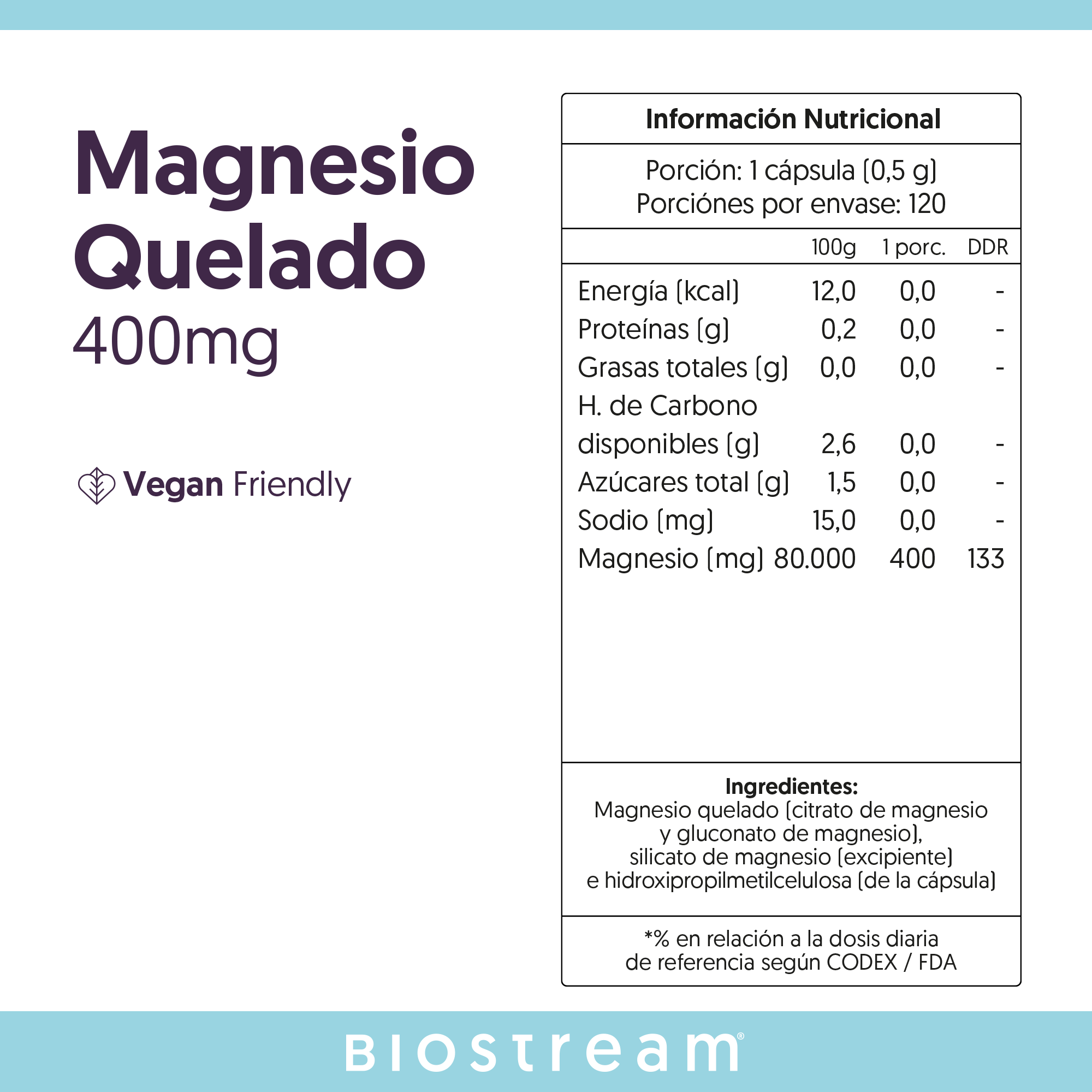 Magnesio Quelado 400mg 120 Cápsulas Vegano