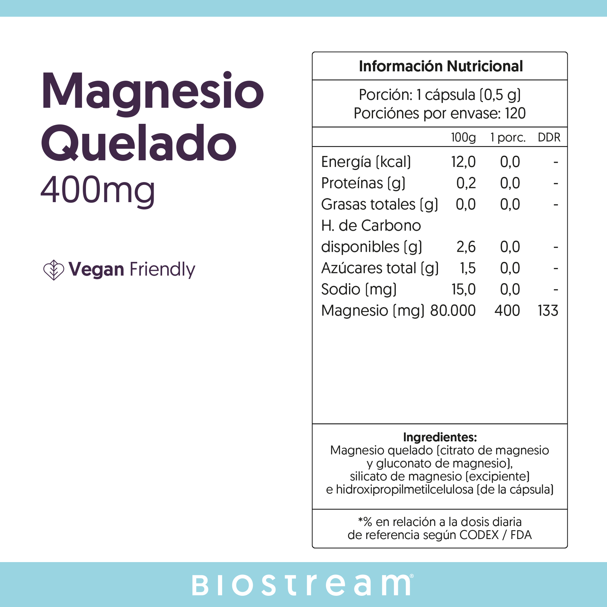 Magnesio Quelado 400mg 120 Cápsulas Vegano