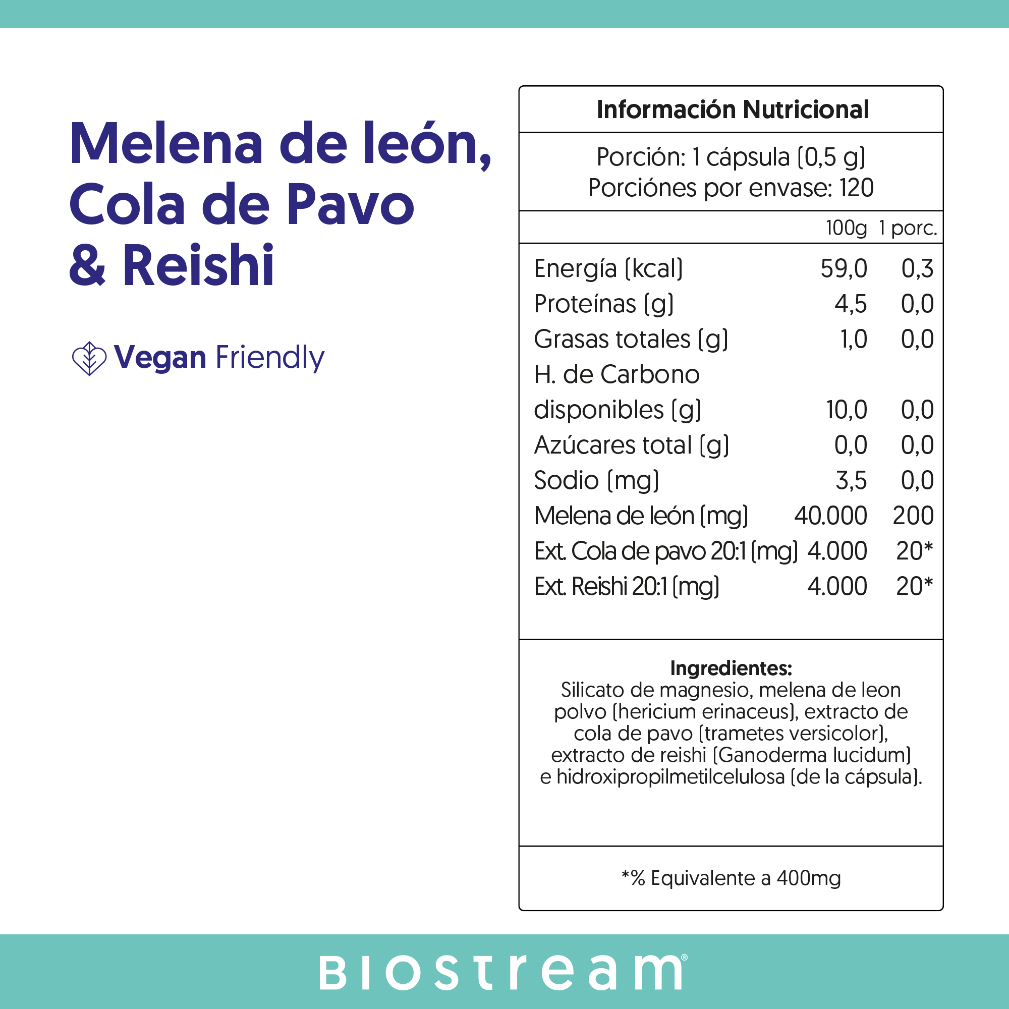 Melena de león, Cola de Pavo & Reishi 120 Cápsulas Vegano