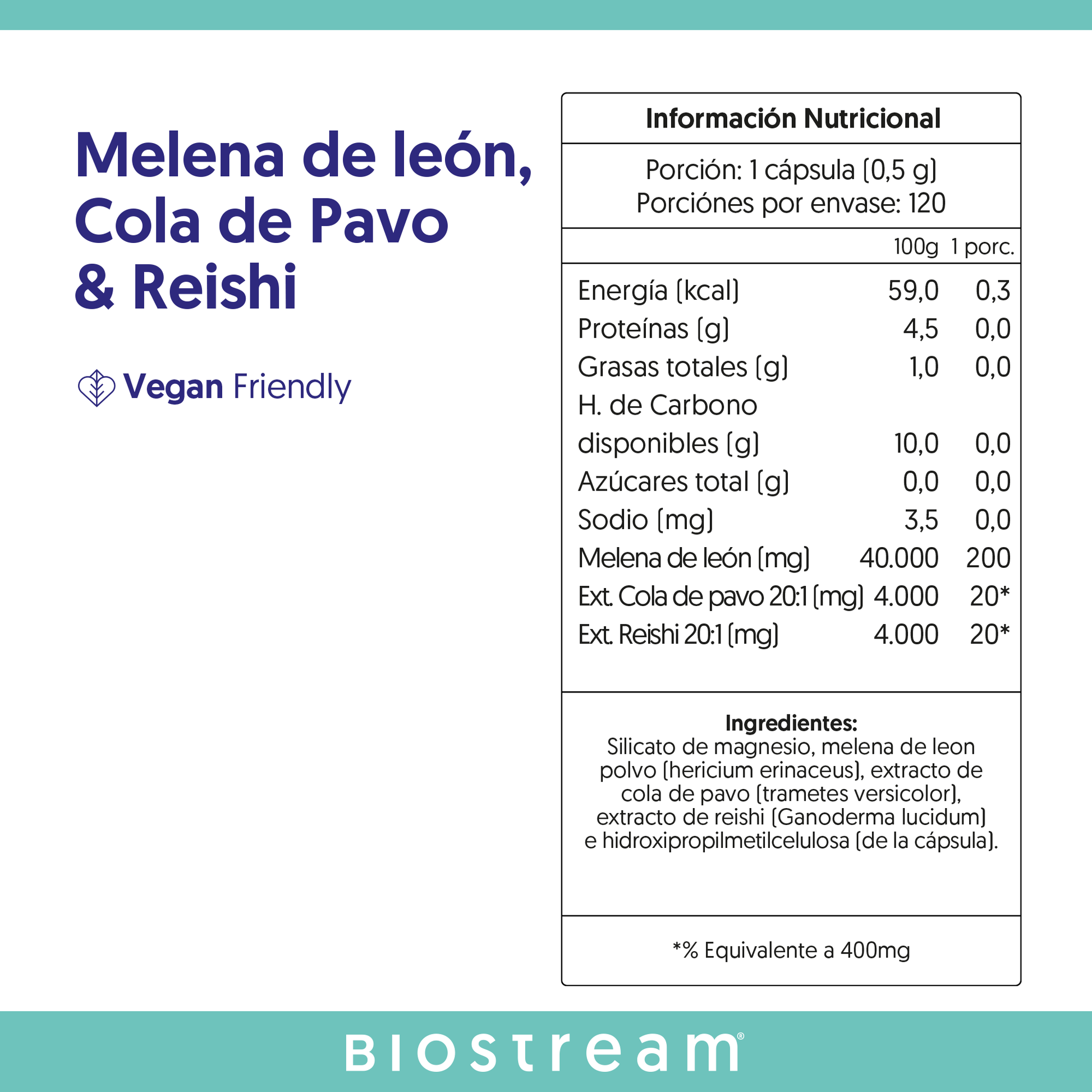 Melena de león, Cola de Pavo & Reishi 120 Cápsulas Vegano