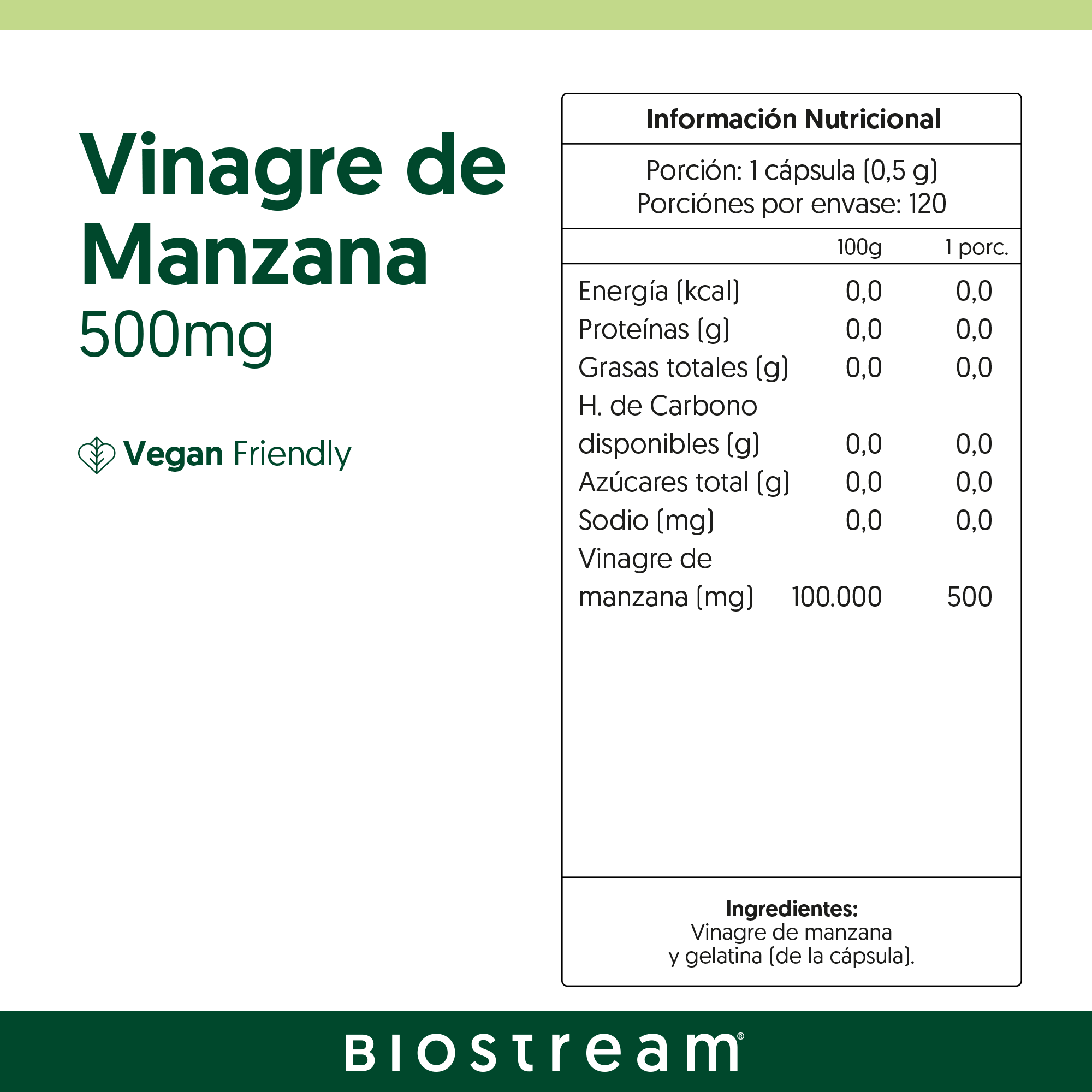 Vinagre de Manzana 500mg 120 Cápsulas Vegano