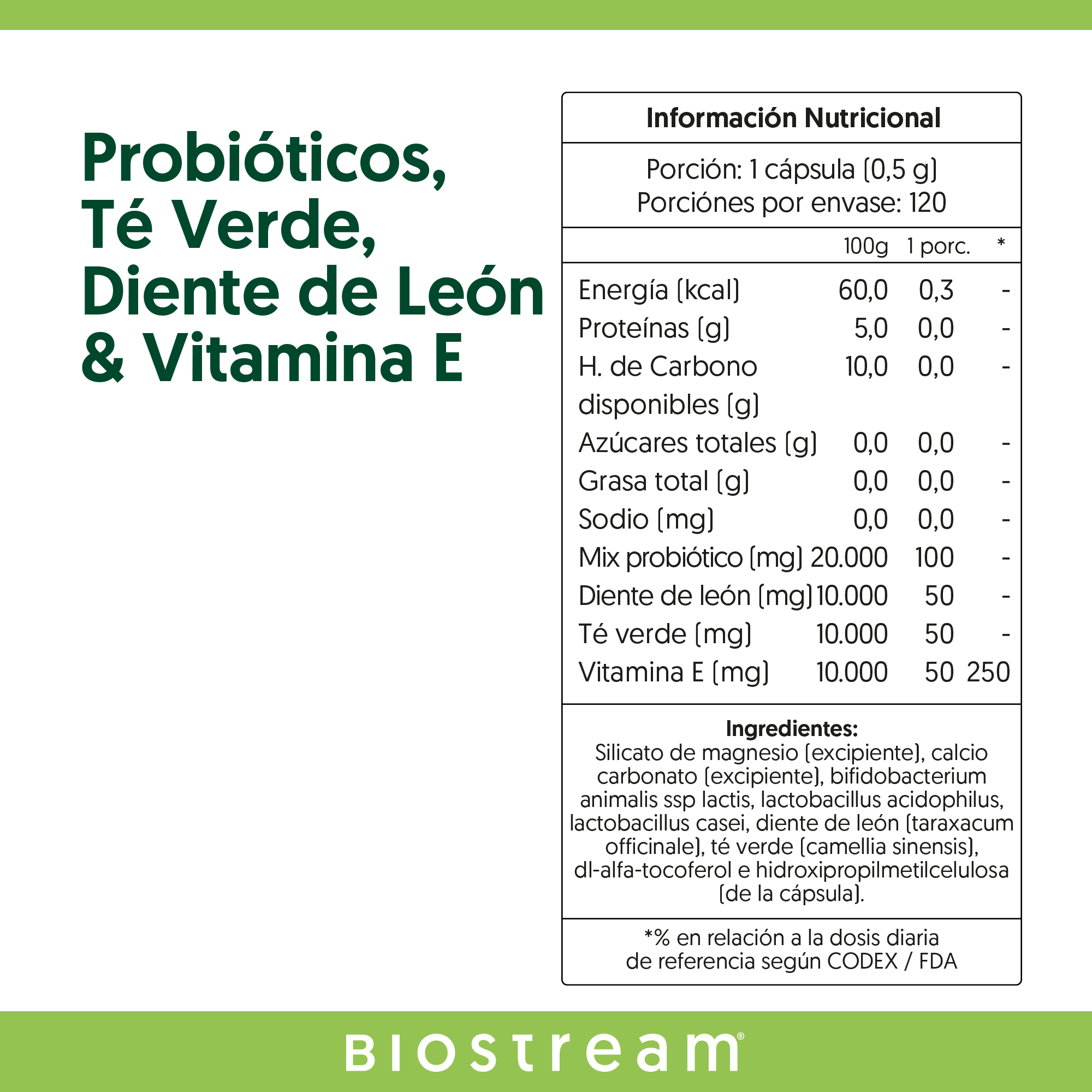 Probióticos, Té Verde, Diente de León & Vitamina E 120 Cápsulas
