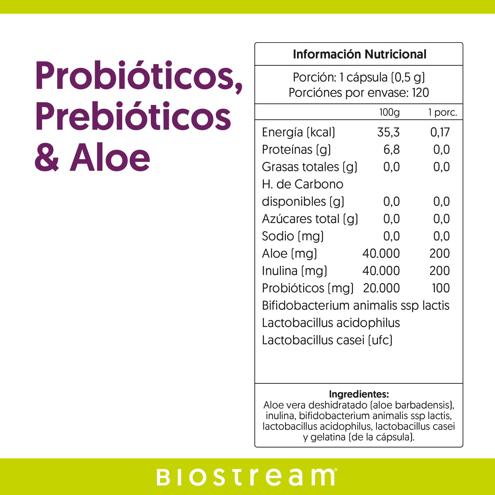 Probióticos, Prebióticos & Aloe 120 Cápsulas
