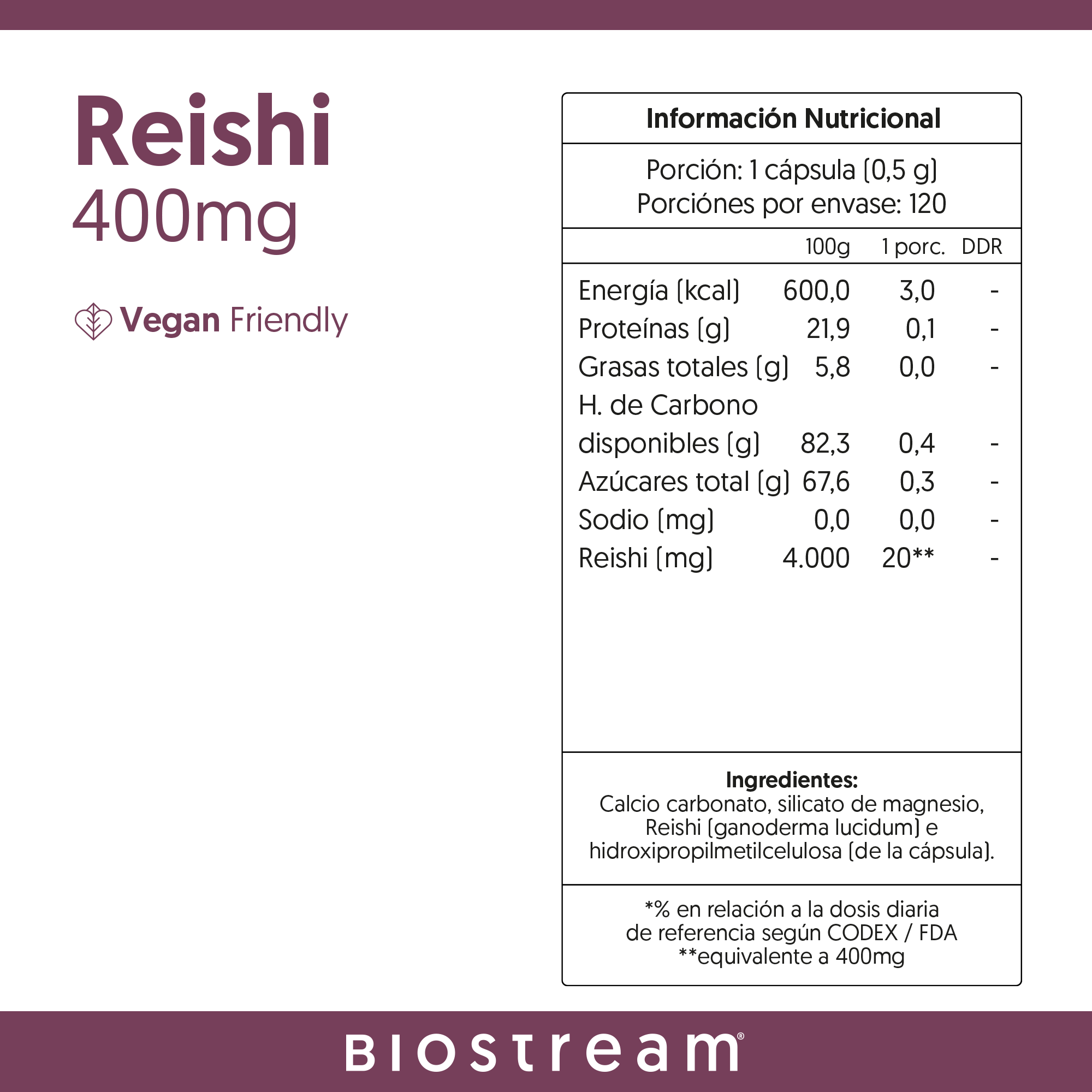 Hongo Reishi 400mg 120 Capsulas Vegano