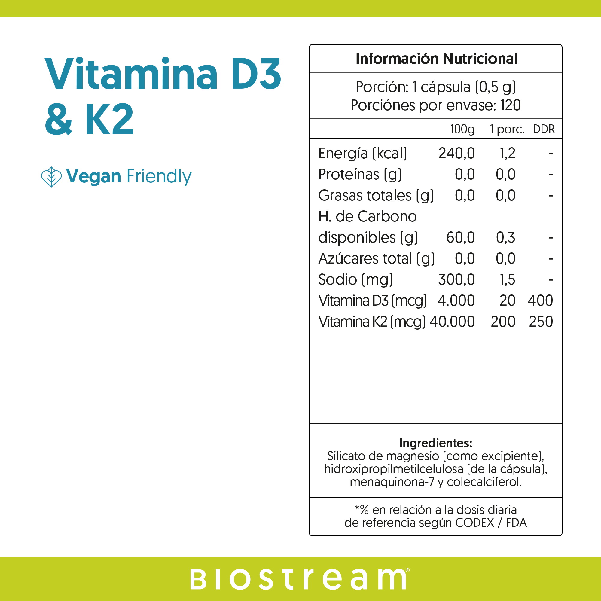 Vitamina D3 & K2 120 Cápsulas Vegano