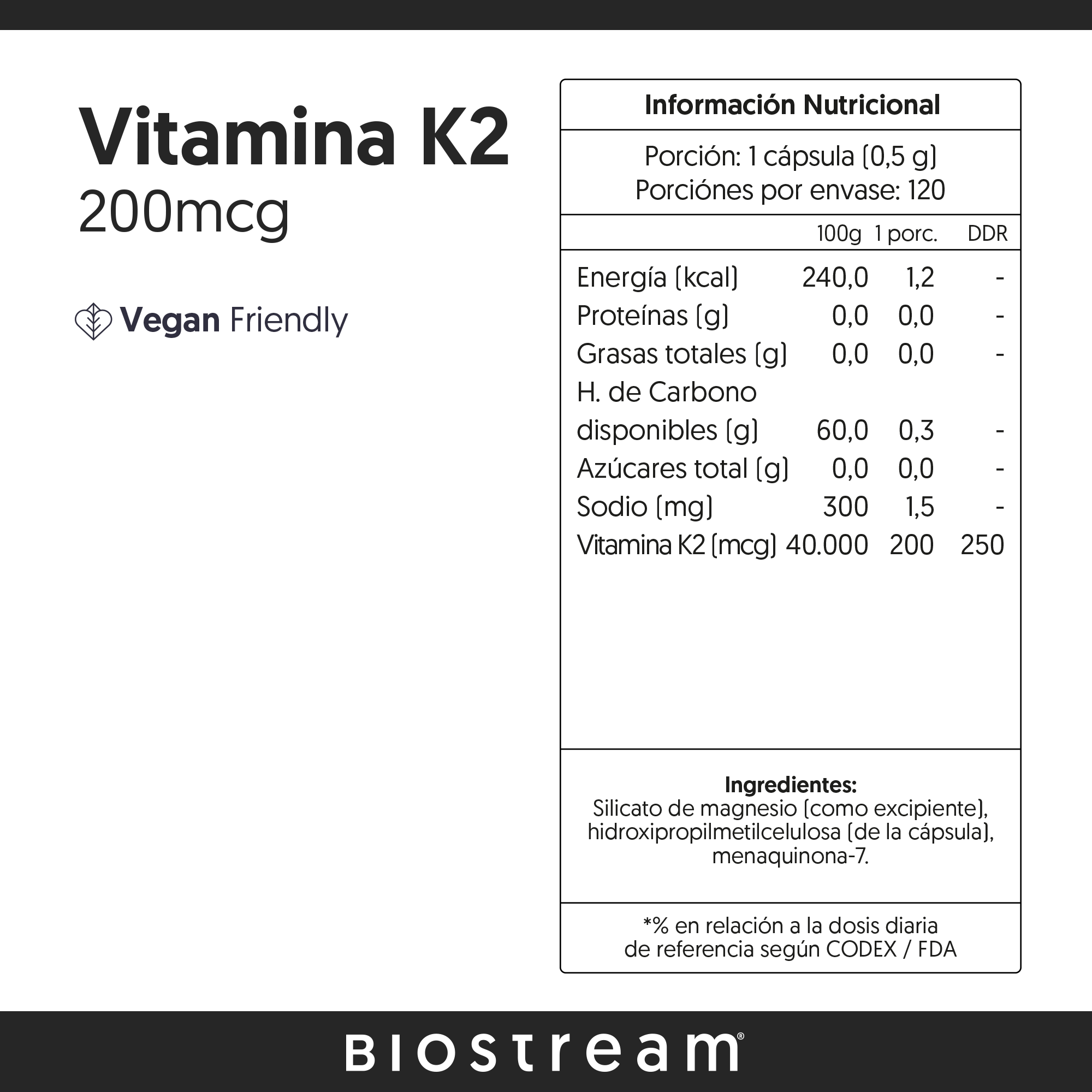Vitamina K2 200mcg 120 Cápsulas Vegano