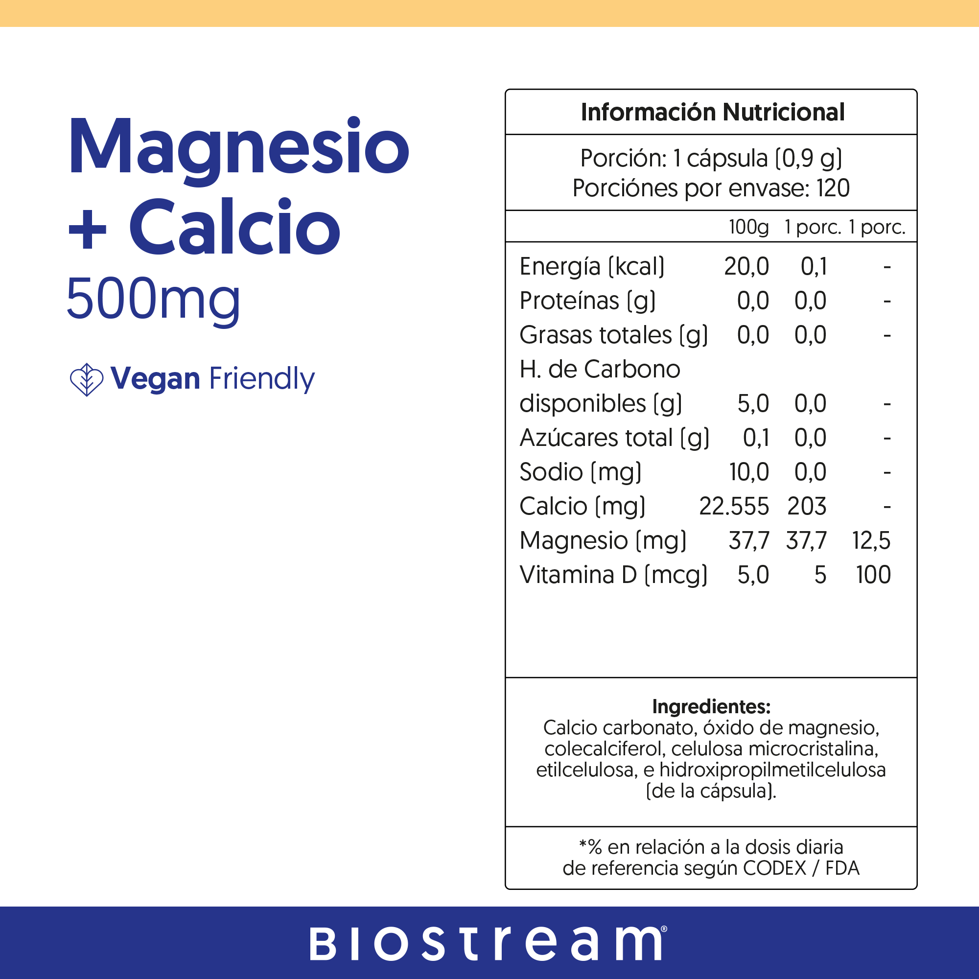 Magnesio + Calcio 500mg 120 Cápsulas Vegano