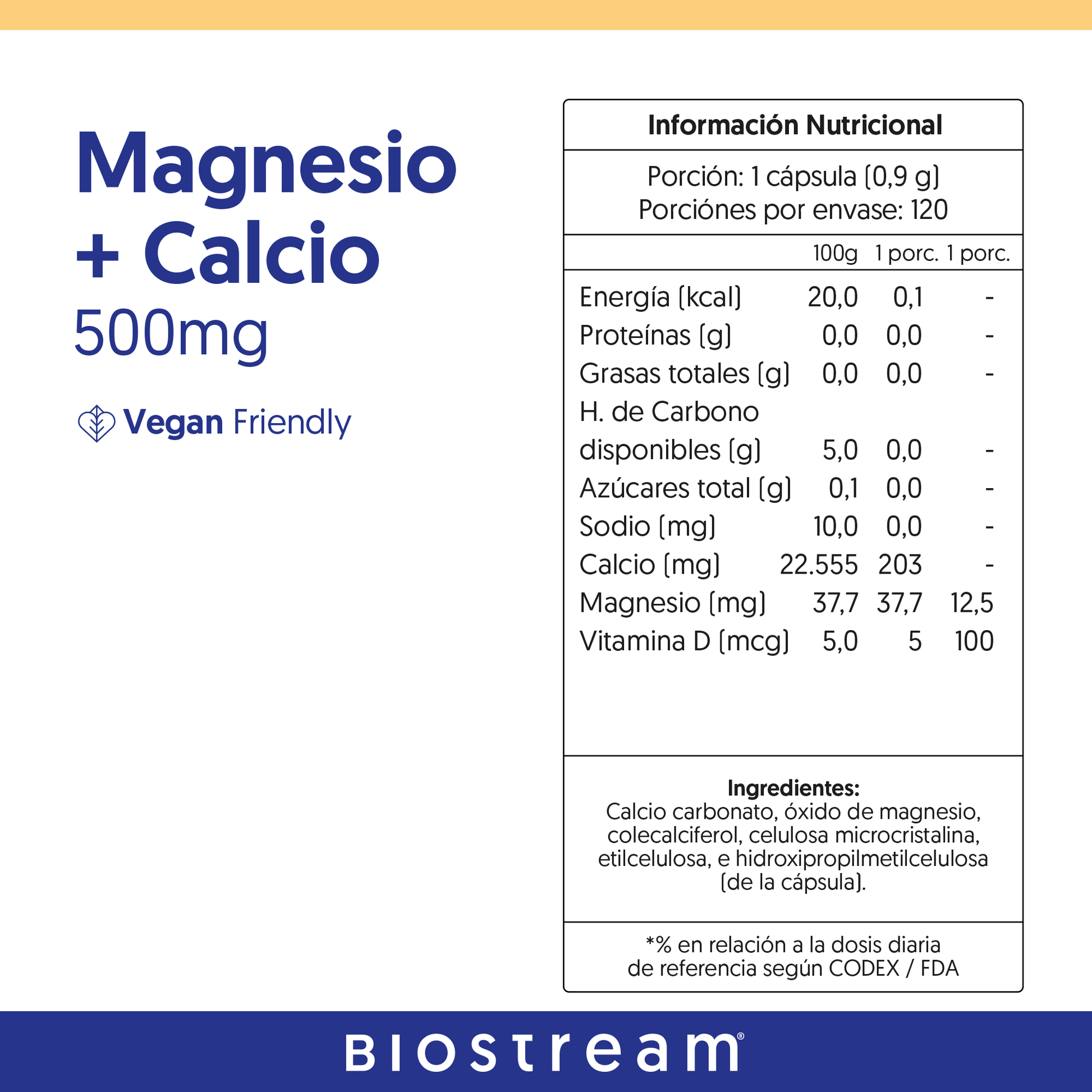 Magnesio + Calcio 500mg 120 Cápsulas Vegano