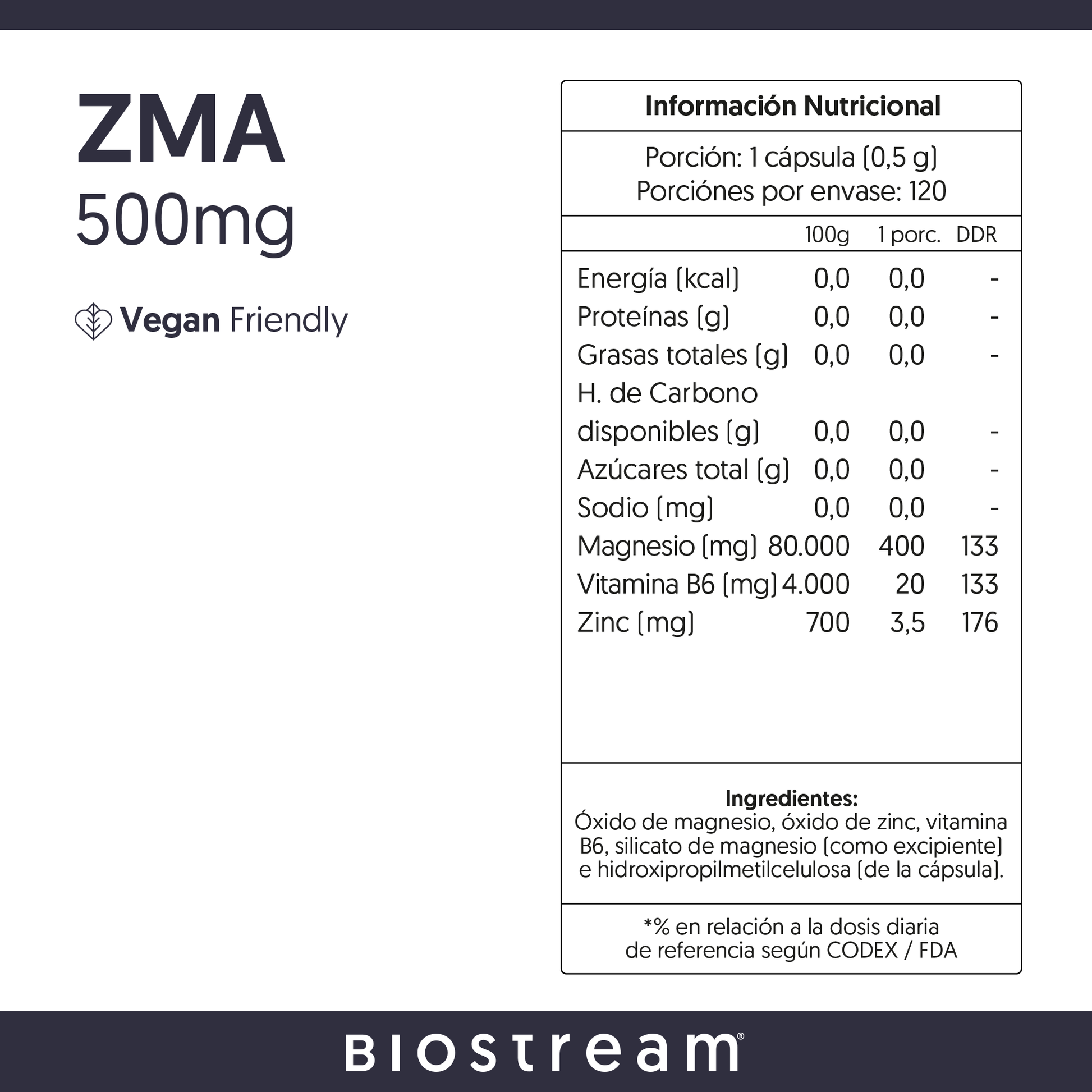 ZMA 500mg (Zinc, Magnesio, Vitamina B6) 120 Cápsulas Vegano