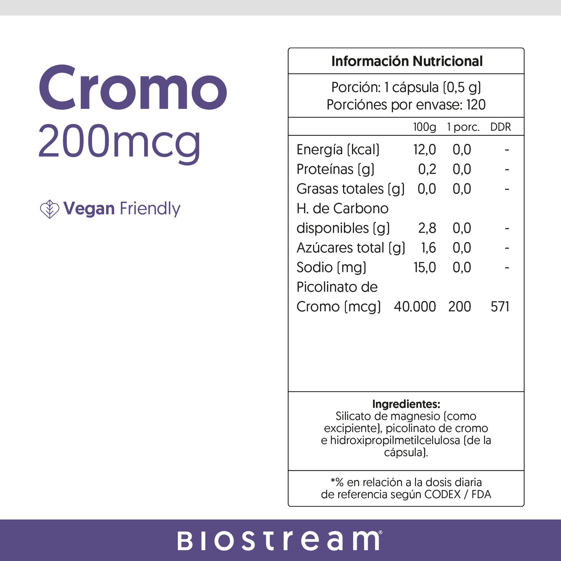 Cromo 200mcg 120 Cápsulas Vegano