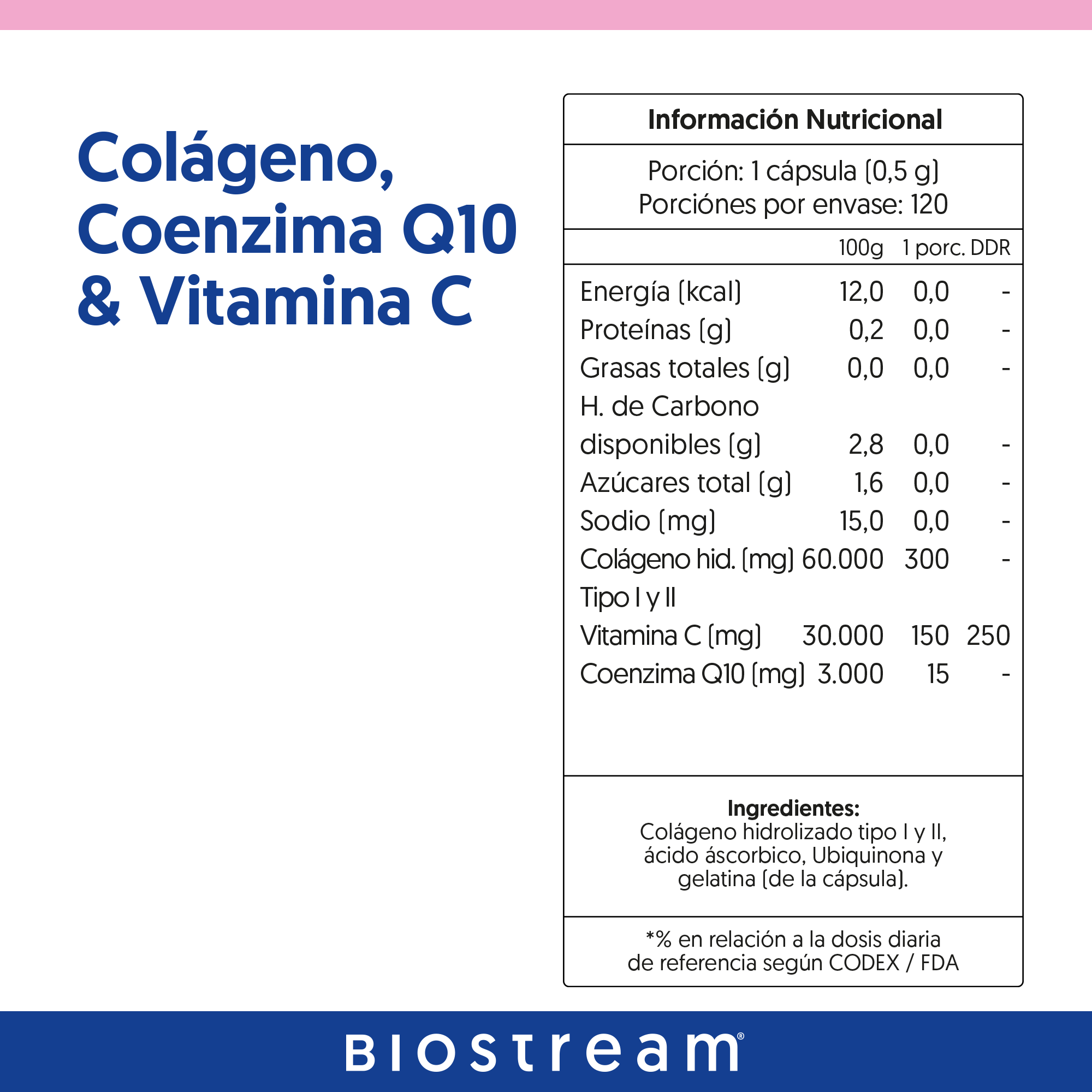 Colágeno Hidrolizado, Coenzima Q10 & Vitamina C 120 Cápsulas