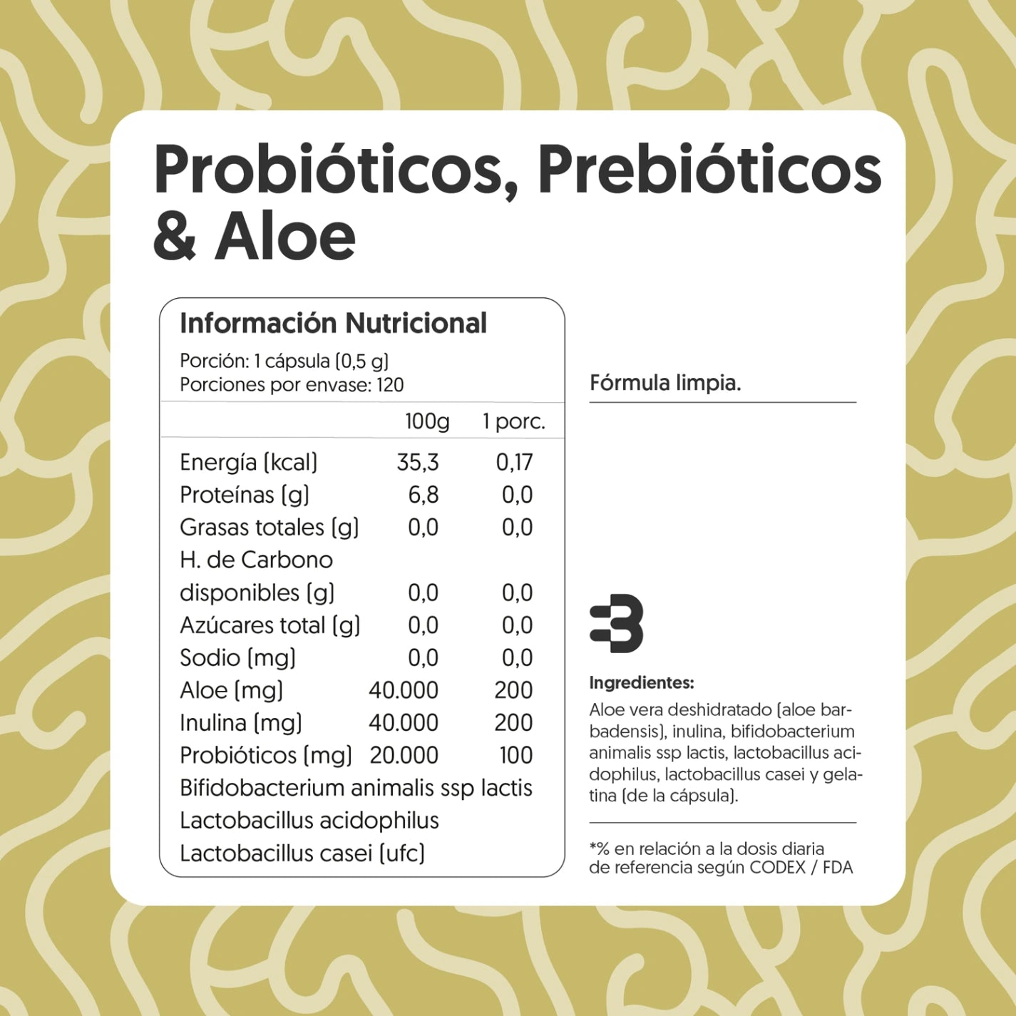 Probióticos, Prebióticos & Aloe 120 Cápsulas
