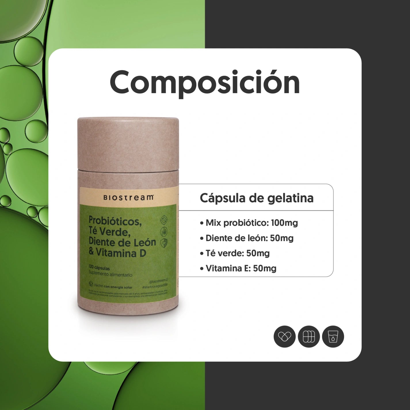 Probióticos, Té Verde, Diente de León & Vitamina E 120 Cápsulas