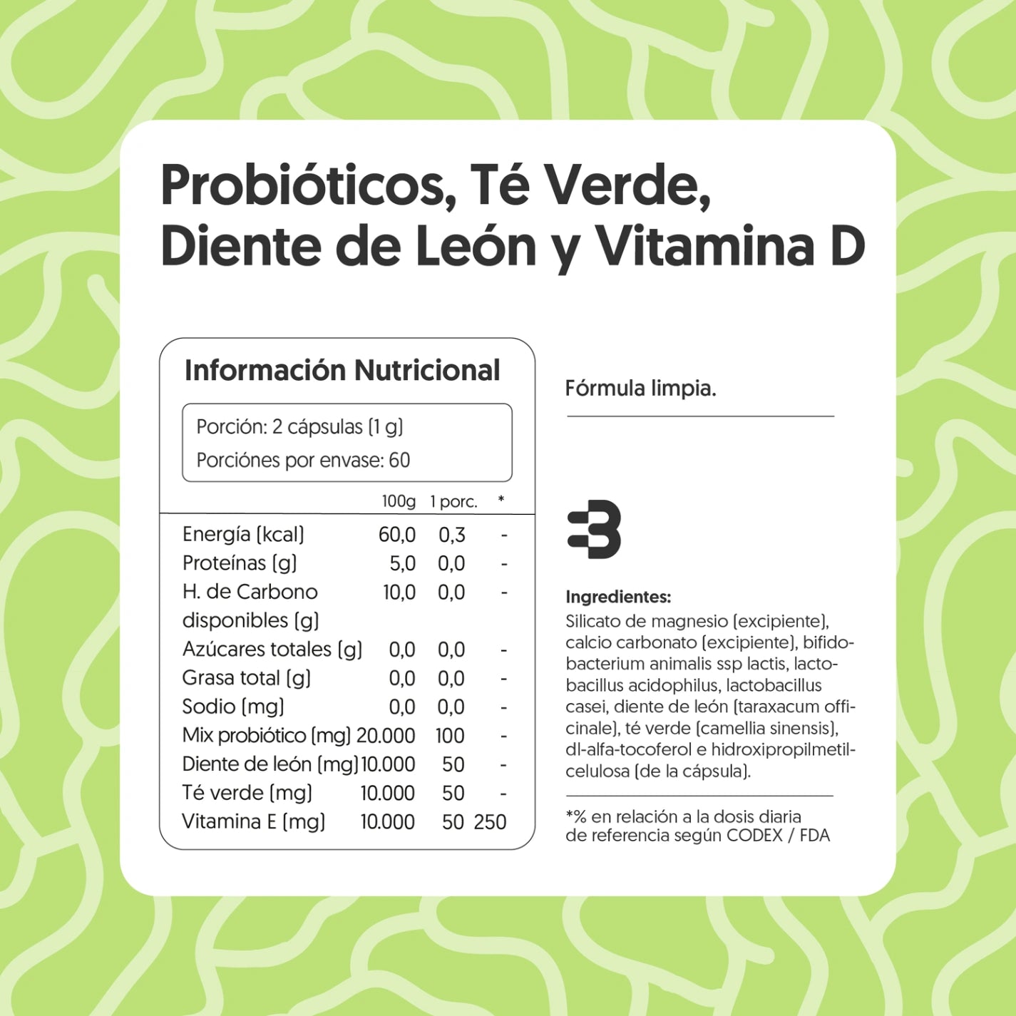 Probióticos, Té Verde, Diente de León & Vitamina E 120 Cápsulas