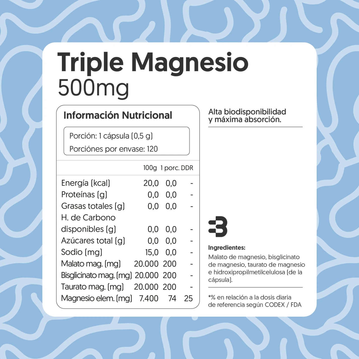 Triple Magnesio - Bisglicinato, Malato, Taurato 120 Cápsulas Vegano