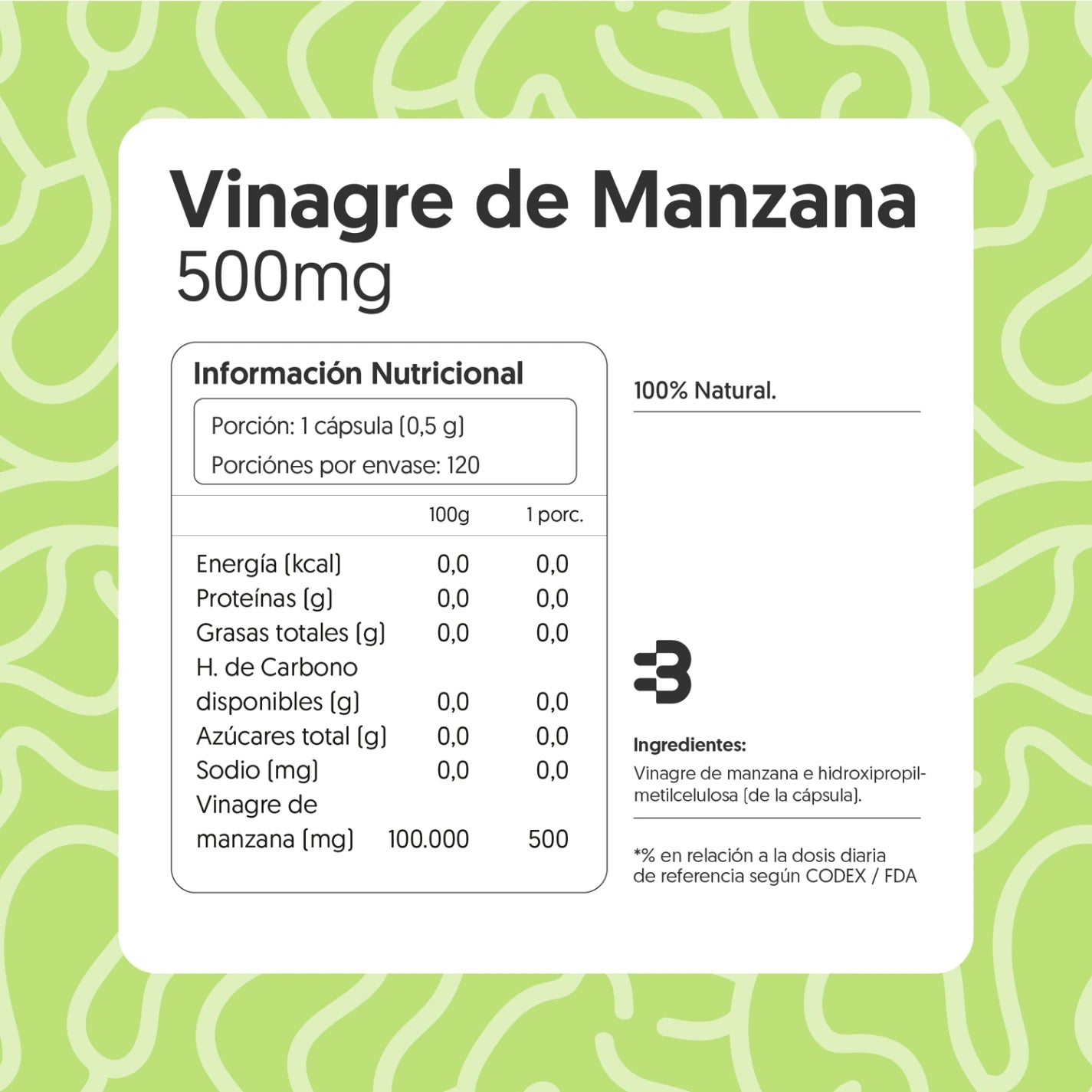 Vinagre de Manzana 500mg 120 Cápsulas Vegano