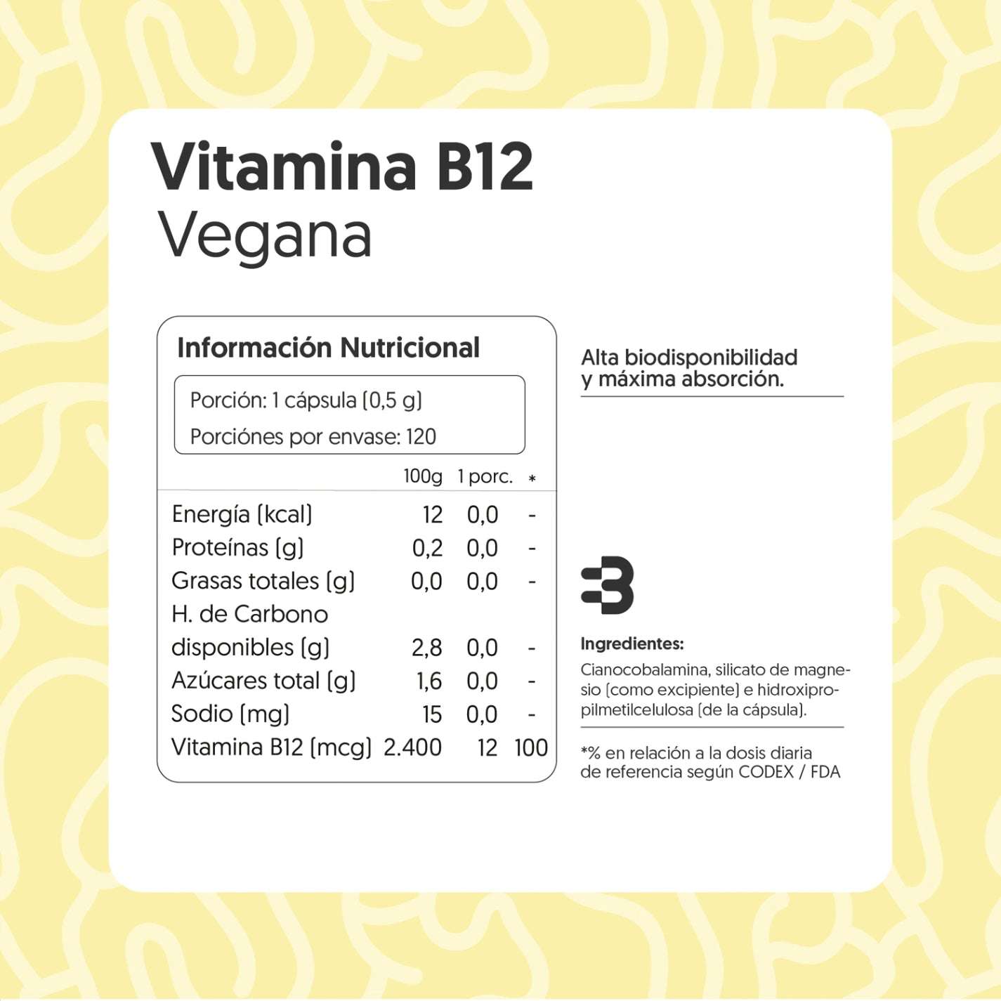 Vitamina B12 12mcg 120 Cápsulas Vegana