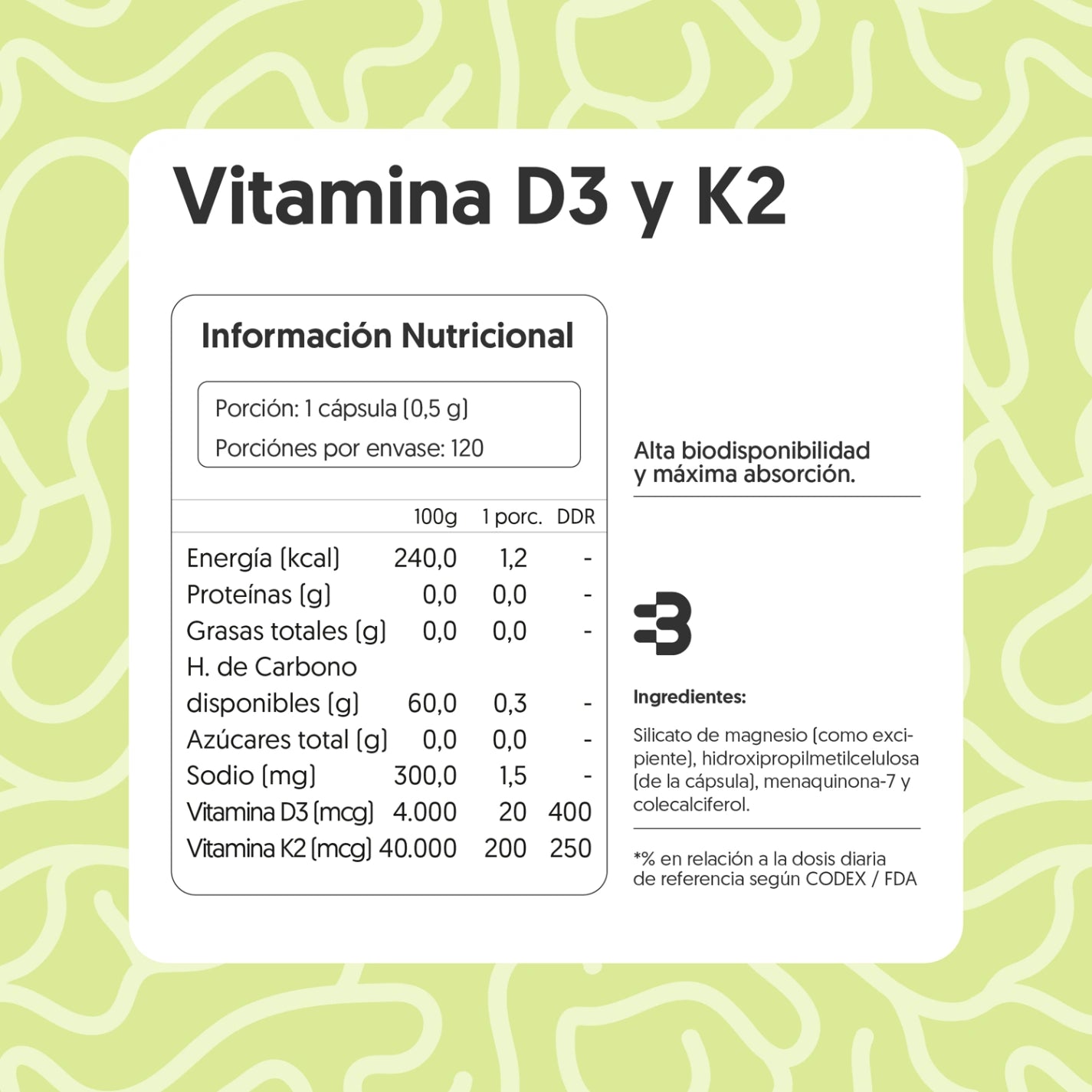 Vitamina D3 & K2 120 Cápsulas Vegano
