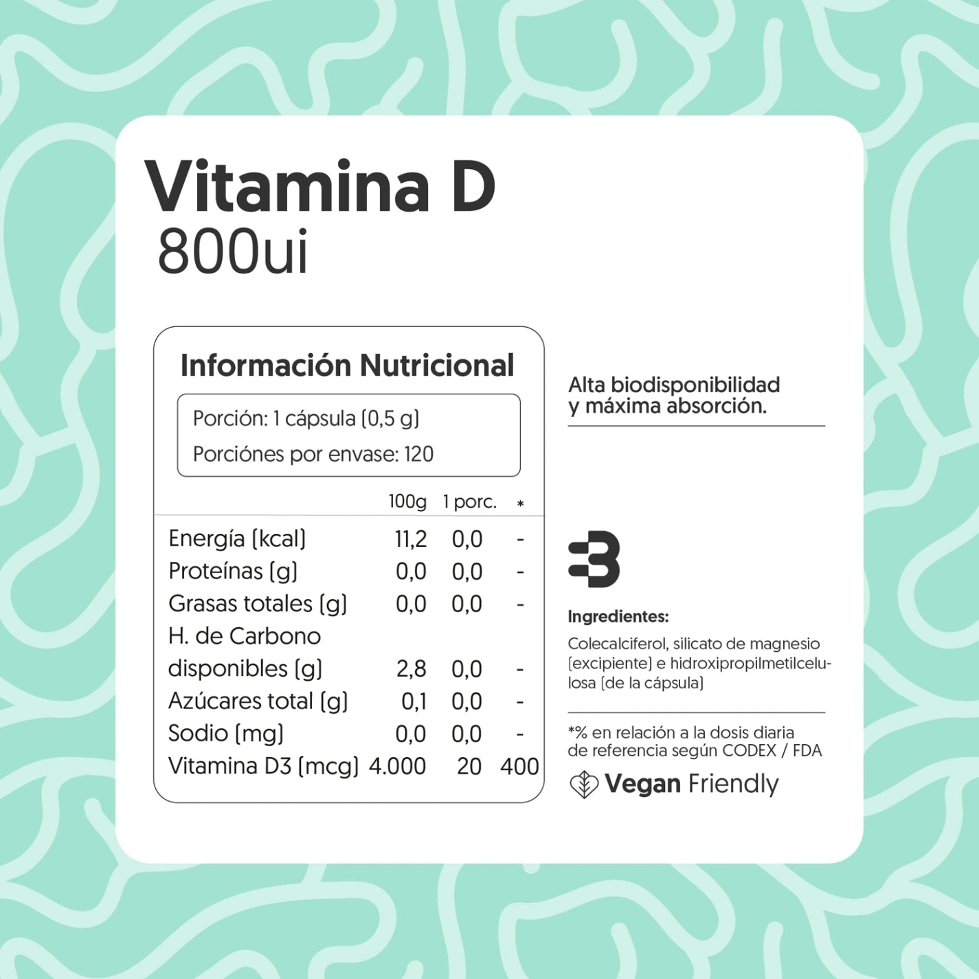 Vitamina D3 800ui 120 Cápsulas Vegana
