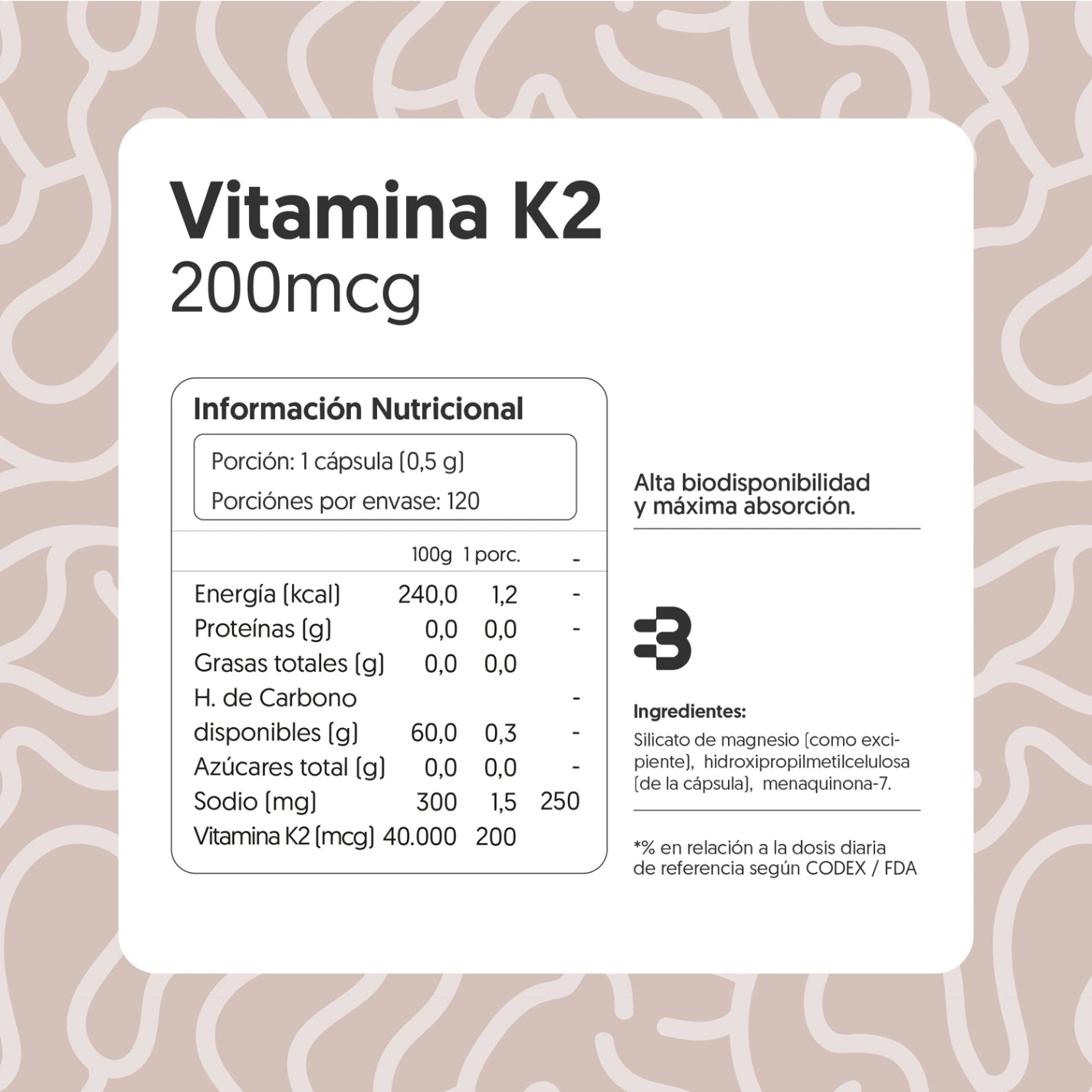 Vitamina K2 200mcg 120 Cápsulas Vegano