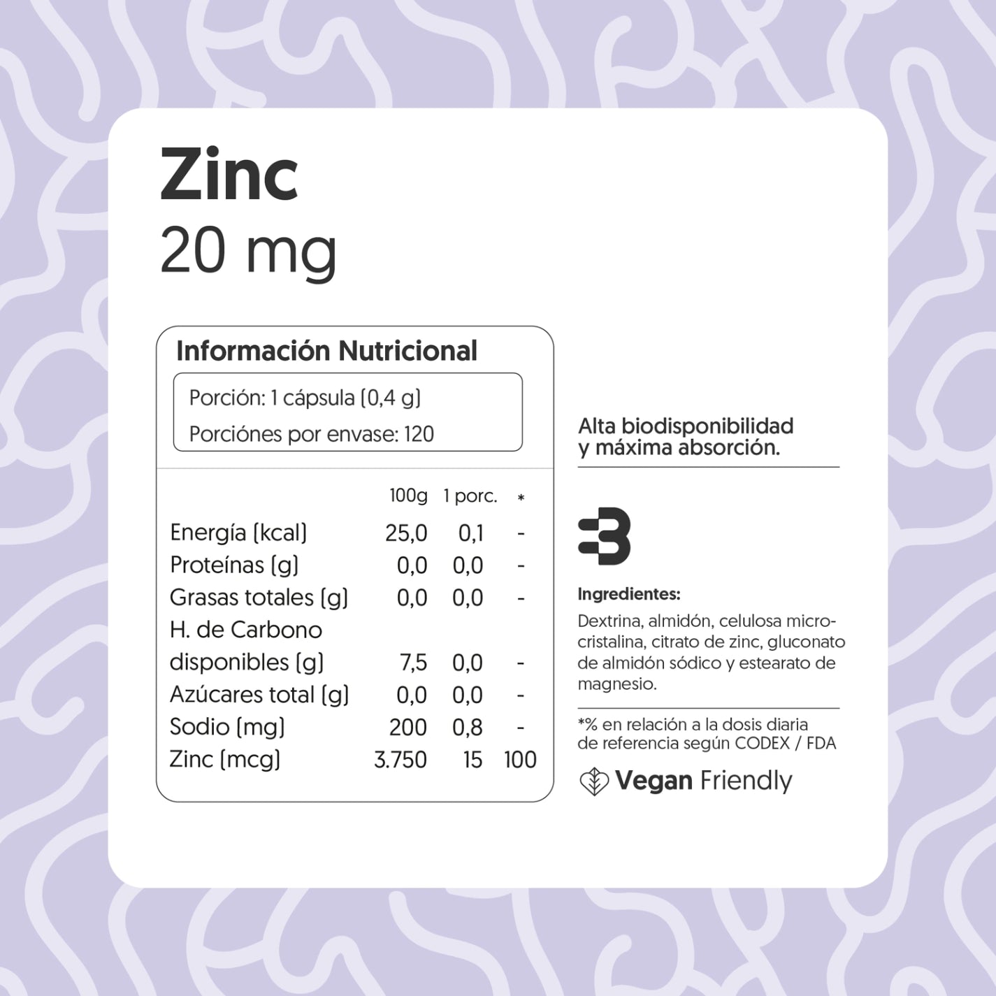 Zinc 20mg 120 Cápsulas Veganas