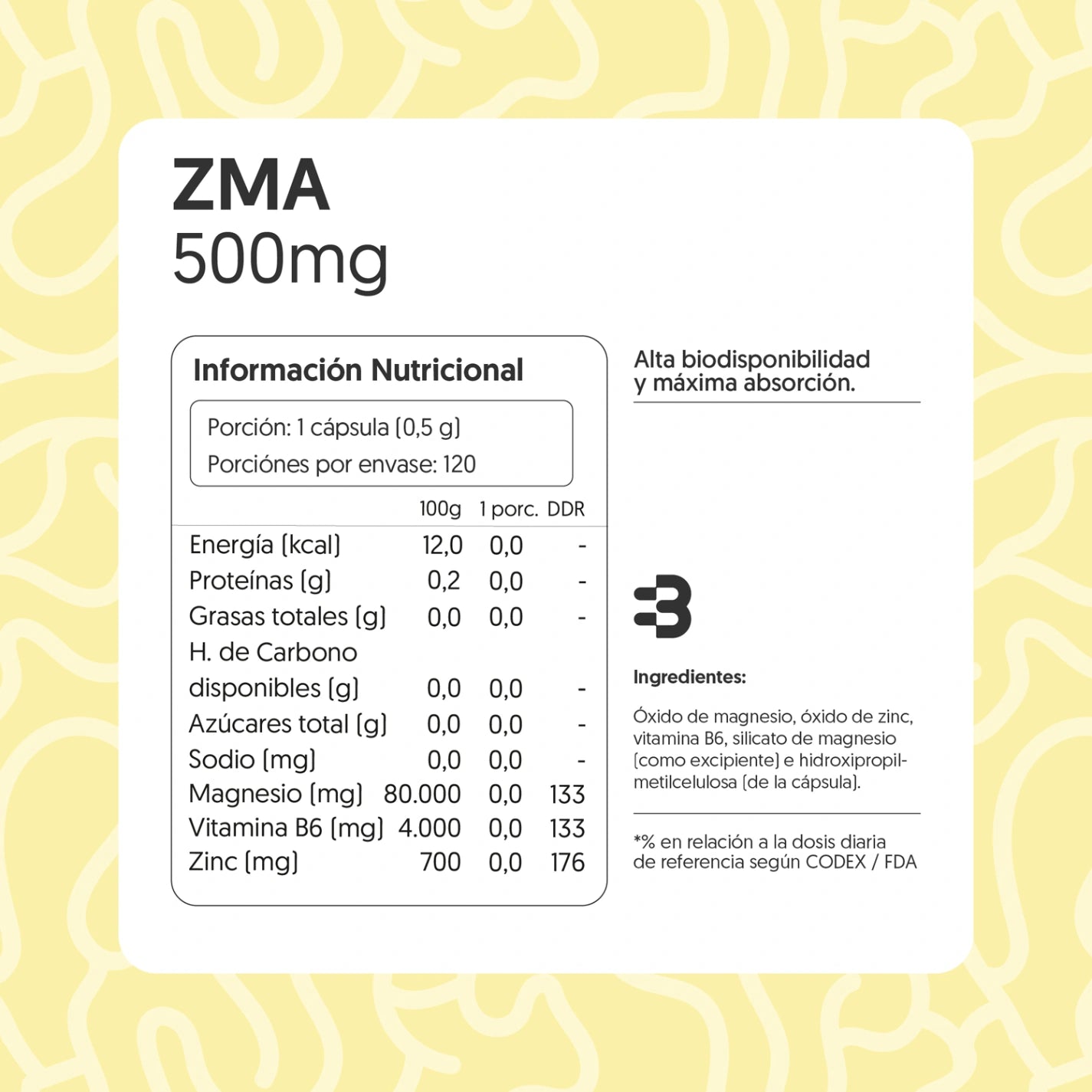 ZMA 500mg (Zinc, Magnesio, Vitamina B6) 120 Cápsulas Vegano